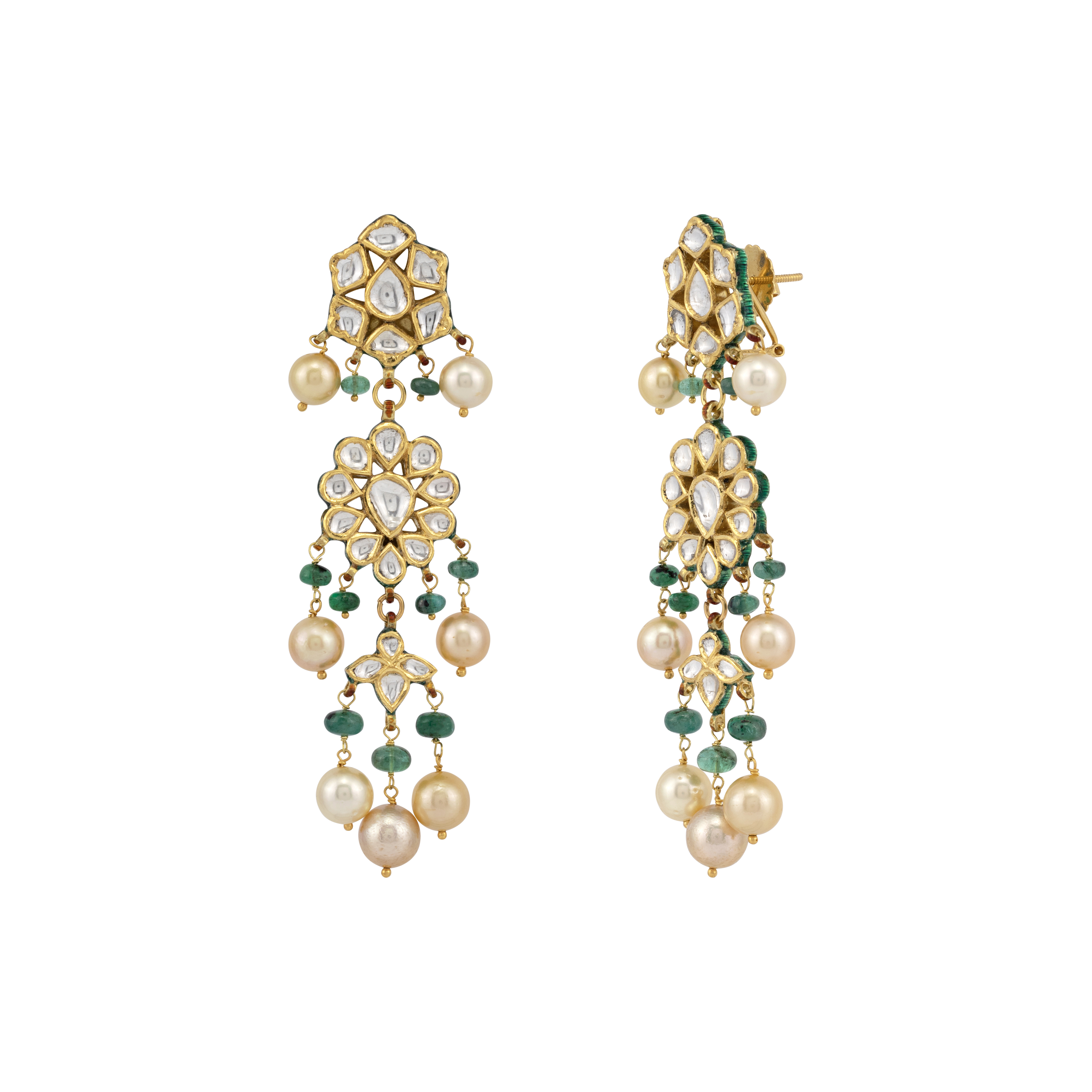 Polki Drop Earrings with Pearls and Emerald Beads